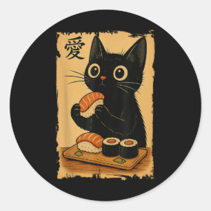 Cute Kawaii Black Cat Eating Sushi Funny Japanese Classic Round Sticker