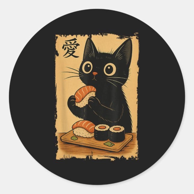Cute Kawaii Black Cat Eating Sushi Funny Japanese  Classic Round Sticker (Front)