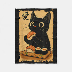 Cute Kawaii Black Cat Eating Sushi Funny Japanese Fleece Blanket