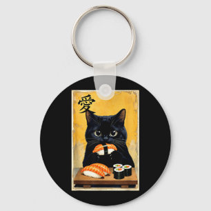 Cute Kawaii Black Cat Eating Sushi Funny Japanese Keychain