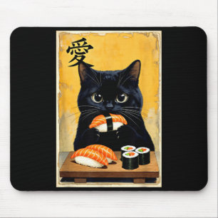 Cute Kawaii Black Cat Eating Sushi Funny Japanese Mouse Pad