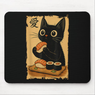 Cute Kawaii Black Cat Eating Sushi Funny Japanese  Mouse Pad