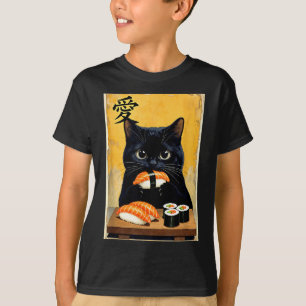 Cute Kawaii Black Cat Eating Sushi Funny Japanese T-Shirt