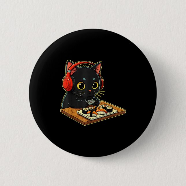 Cute Kawaii Black Cat Funny Sushi Retro Japanese C 2 Inch Round Button (Front)
