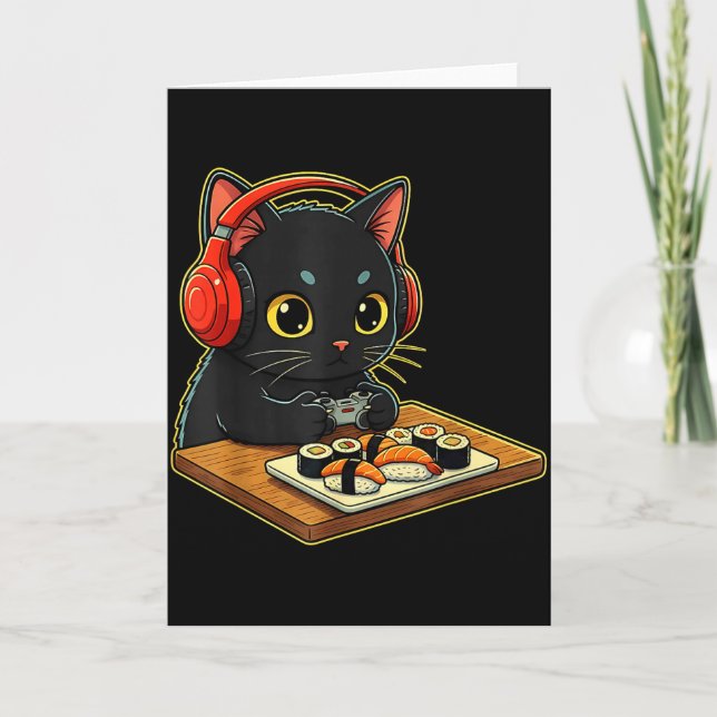 Cute Kawaii Black Cat Funny Sushi Retro Japanese C Card (Front)