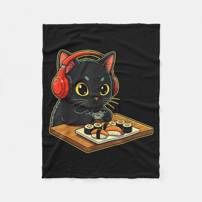 Cute Kawaii Black Cat Funny Sushi Retro Japanese C Fleece Blanket (Front)