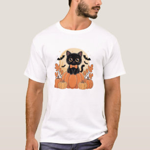 Cute Kawaii Black Cat Sitting on Pumpkin Bowtie T-Shirt