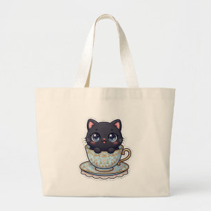 Cute Kawaii Black Cat Vintage Teacup Cream Tote 