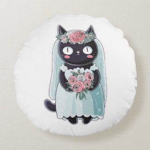 Cute Kawaii Black Cat Wearing a Veil Round Pillow