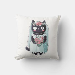 Cute Kawaii Black Cat Wearing a Veil Throw Pillow