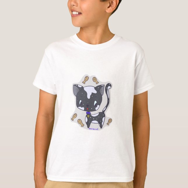 Cute Kawaii Black Cat with fish Boy's T-shirt  (Front)