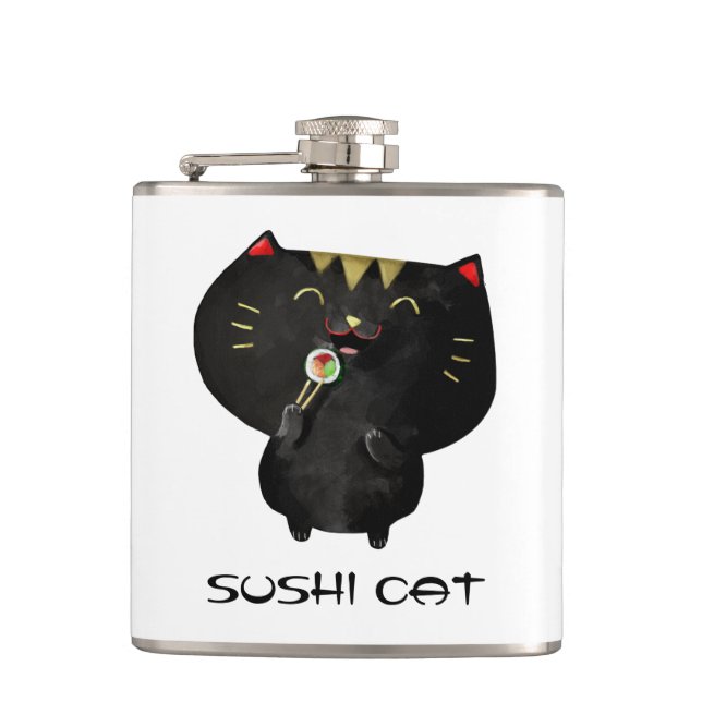 Cute Kawaii Black Sushi Cat Hip Flask (Front)