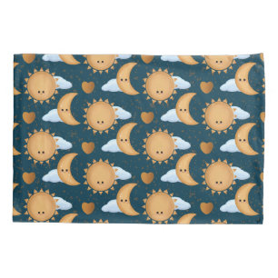 Cute Kawaii Blue Gold Sun Moon Hearts Pillowcase
