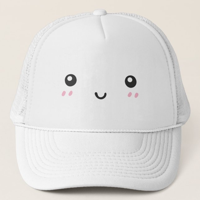 Cute Kawaii Blushing Happy Face Minimalist Trucker Hat (Front)