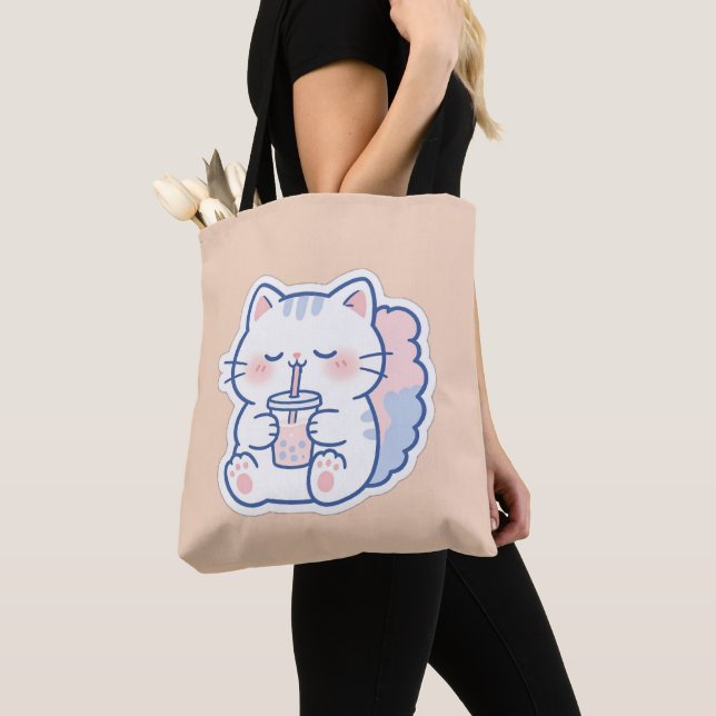 Cute Kawaii Boba Cat Bubble Tea Tote Bag (Close Up)