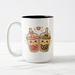 Cute Kawaii Boba Milk Tea Hearts Couple Valentine  Two-Tone Coffee Mug