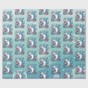 Cute Kawaii Boba Shark Pattern Wrapping Paper