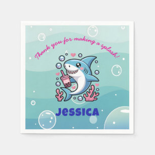 Cute Kawaii Boba Shark Personalized Baby Shower Napkin