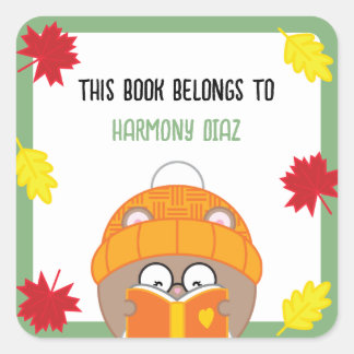 Cute Kawaii Booklover Hamster Fall Bookplate Square Sticker