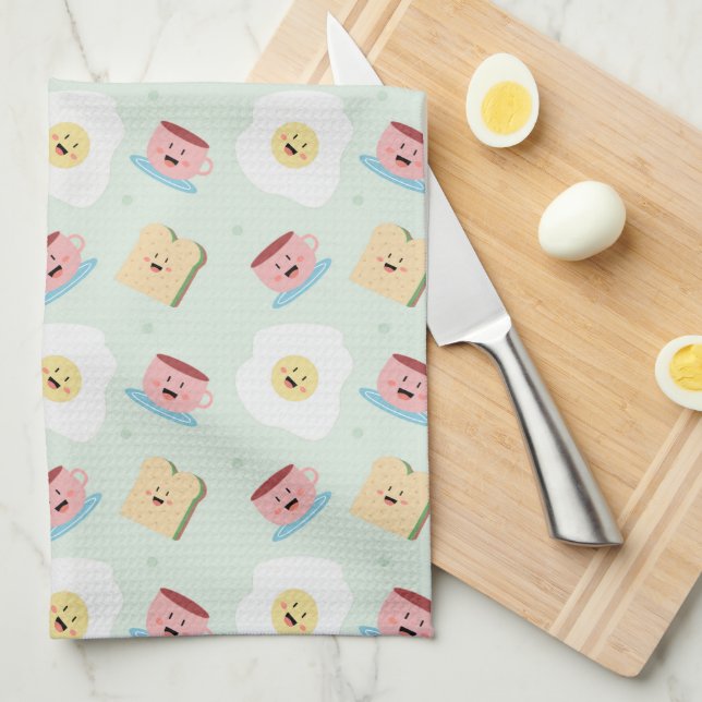 Cute Kawaii Breakfast Egg and Sandwich Pattern Kitchen Towel (Quarter Fold)