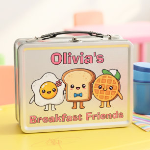 Cute Kawaii Breakfast Friends: Egg, Toast, Waffle Metal Lunch Box