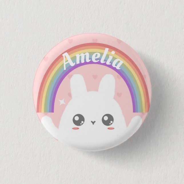 Cute Kawaii Bunny and Rainbow Personalised 1 Inch Round Button (Front)