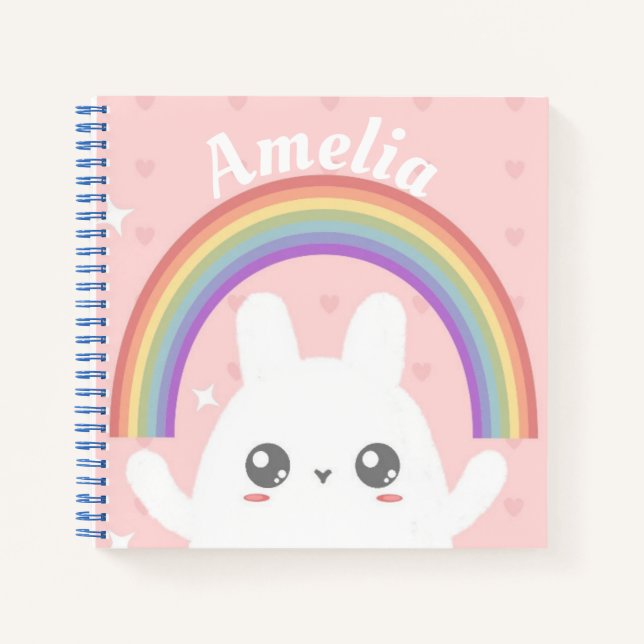 Cute Kawaii Bunny and Rainbow Personalised Notebook (Front)