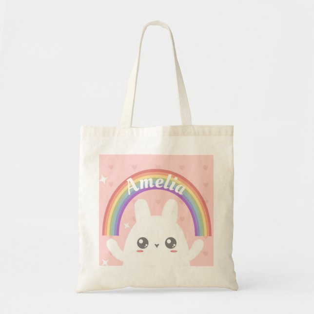 Cute Kawaii Bunny and Rainbow Personalised Tote Bag (Front)