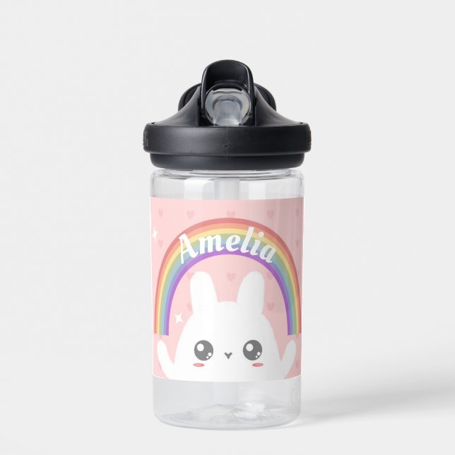 Cute Kawaii Bunny and Rainbow Personalised Water Bottle (Front)