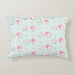 Cute Kawaii Bunny and Sleepy Bear Pastel Blue Accent Pillow