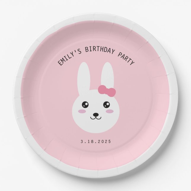 Cute Kawaii Bunny Bow Pink Birthday Celebration    Paper Plate (Front)
