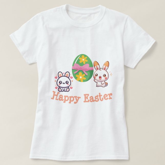 Cute Kawaii Bunny Happy Easter T-Shirt (Design Front)
