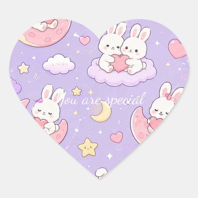 Cute Kawaii Bunny Heart Moon Pattern Sticker (Front)
