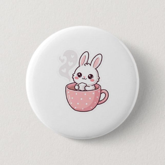:  Cute Kawaii Bunny in Teacup Button. 2 Inch Round Button (Front)