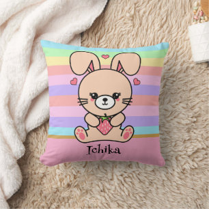 Cute Kawaii Bunny Rabbit Pastel Striped Throw Pillow