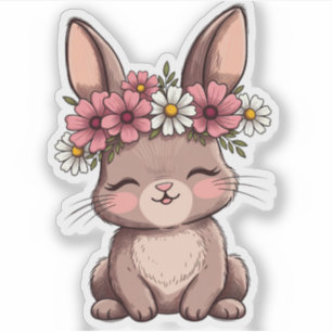 Cute Kawaii Bunny With Pink Flower Crown Sticker -