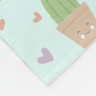 Cute Kawaii Cactus and Hearts Pattern Fleece Blanket