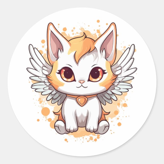 Cute Kawaii Calico Cat with Wings Classic Round Sticker (Front)