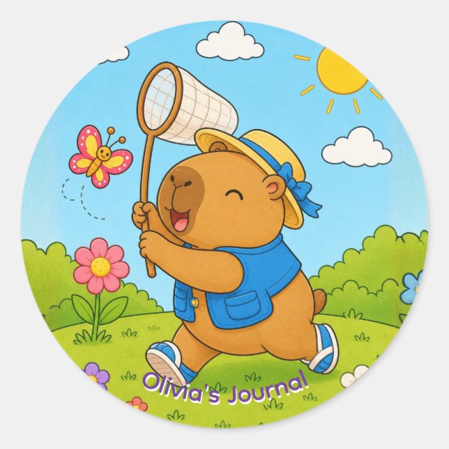 Cute Kawaii Capybara Personalized Name Sticker (Front)