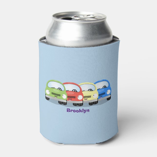 Cute kawaii cars cartoon illustration can cooler (Can Front)