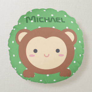 Cute Kawaii Cartoon Monkey Boy Kids Nursery Round Pillow