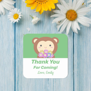 Cute Kawaii Cartoon Monkey Thank You For Coming Square Sticker