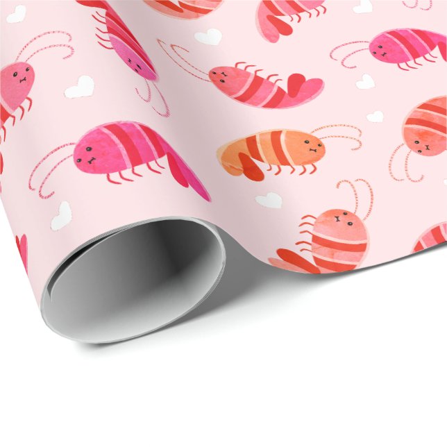 Cute Kawaii Cartoon Shrimp & Hearts Wrapping Paper (Roll Corner)