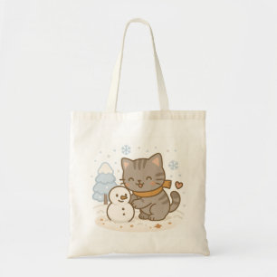 Cute Kawaii Cat and Snowman Winter Wonderland Tote Bag