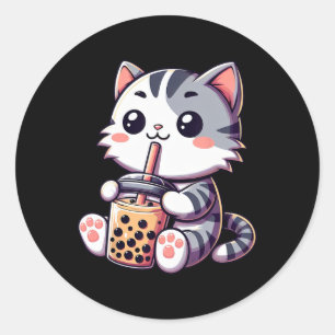 Cute Kawaii Cat Boba Bubble Milk Tea Anime Neko Ki Classic Round Sticker