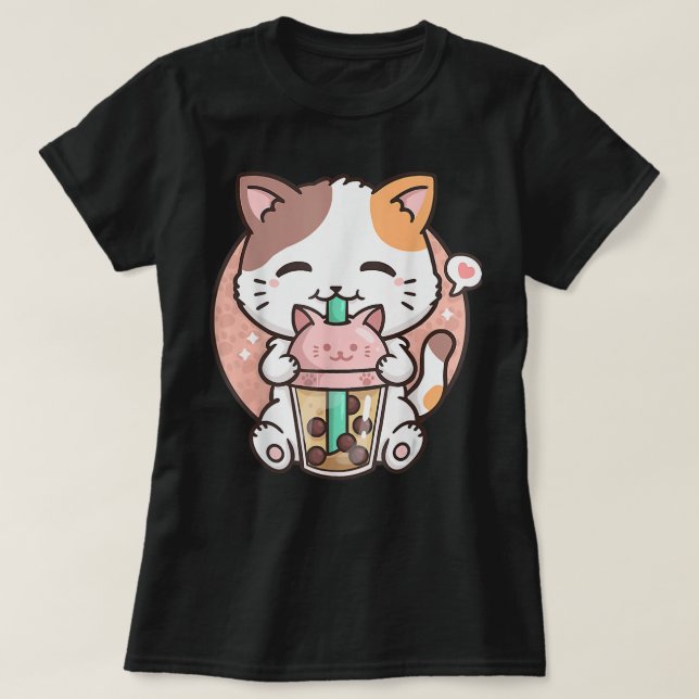 Cute Kawaii Cat Boba Bubble Milk Tea Anime Neko Ki T-Shirt (Design Front)