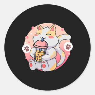 Cute Kawaii Cat Boba Tea Anime Kitten Gift Kids Gi Classic Round Sticker