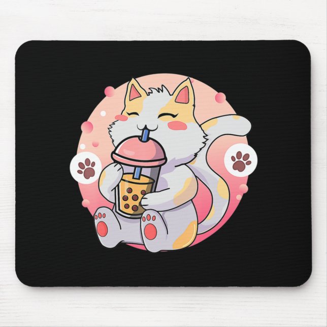 Cute Kawaii Cat Boba Tea Anime Kitten Gift Kids Gi Mouse Pad (Front)
