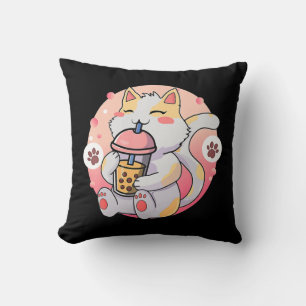 Cute Kawaii Cat Boba Tea Anime Kitten Gift Kids Gi Throw Pillow
