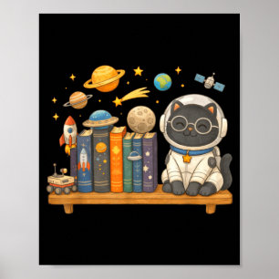 Cute kawaii cat books astronaut space poster